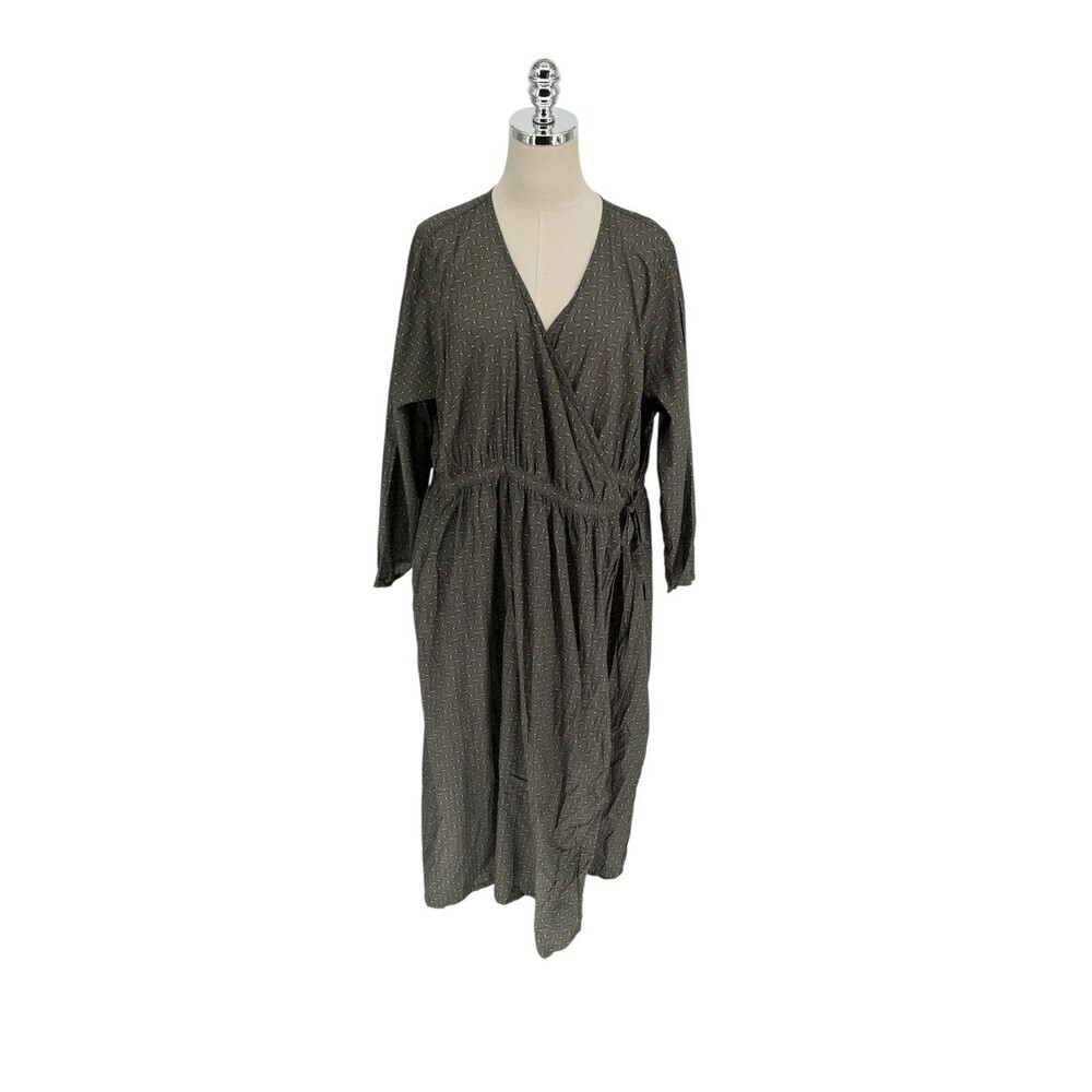 ICHI Japan Robe Wrap Dress One Size F Cotton Gray Geo Print Lagenlook Mori Girl